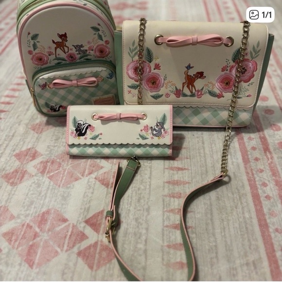 Loungefly Floral Bambi Backpack and Wallet Set - Cream and Pink - Picture 1 of 1
